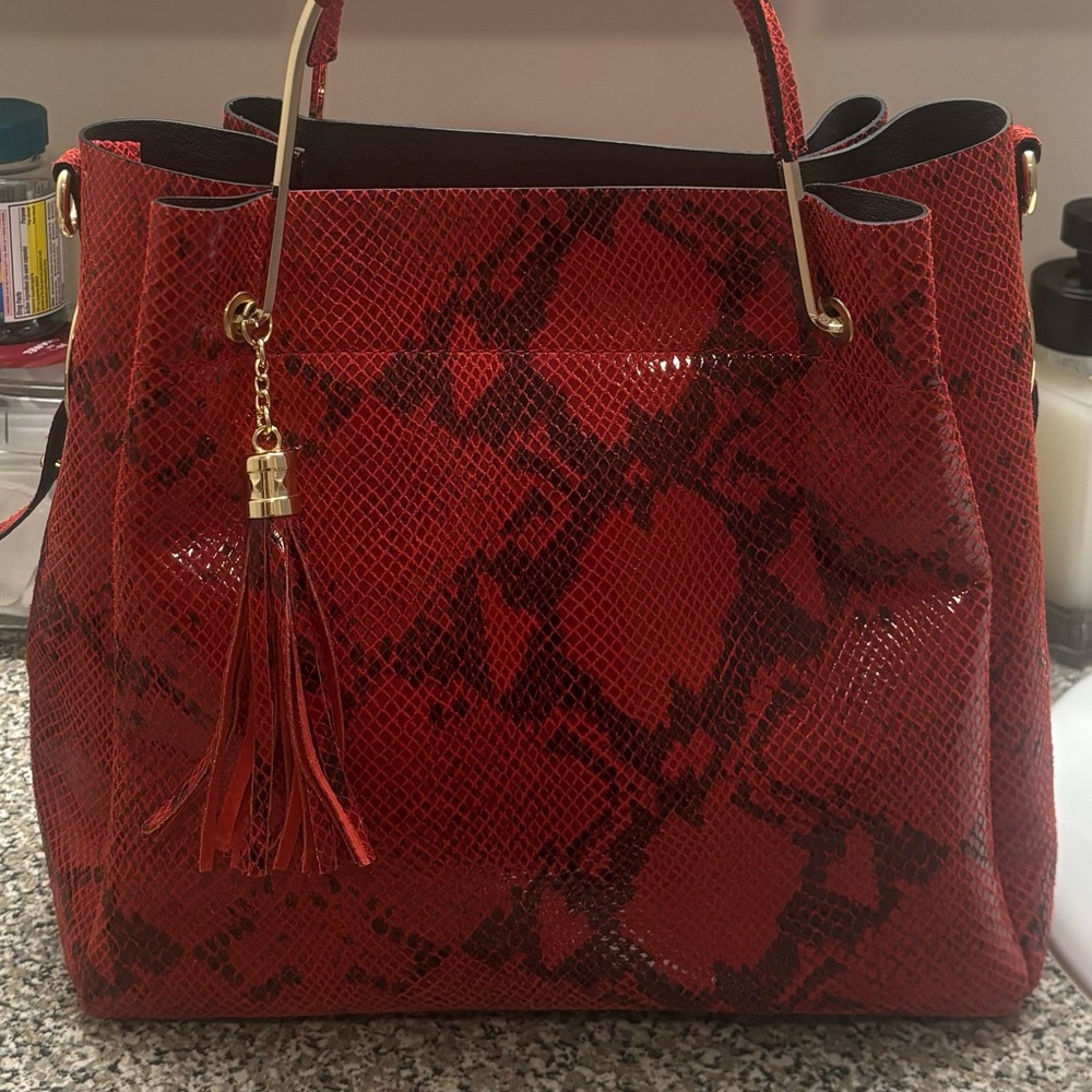 Red real leather, snake print bag